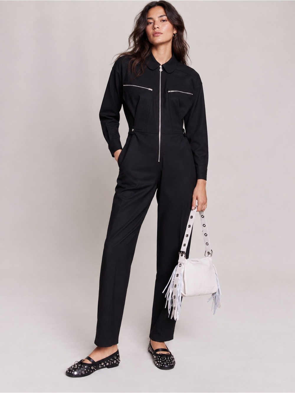 Maje Black Wide Leg Utility Jumpsuit Peter Pan Collar Zip Front